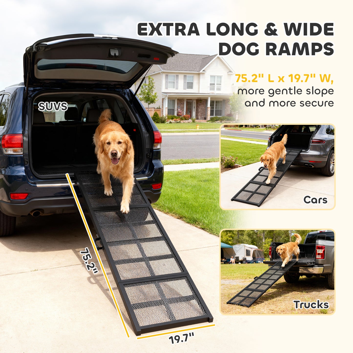 Dog Car Ramp, 75" x 20" Extra Long and Wide, Non-Slip Surface, Folding Portable Pet Ramp for Large, Small & Senior Dogs