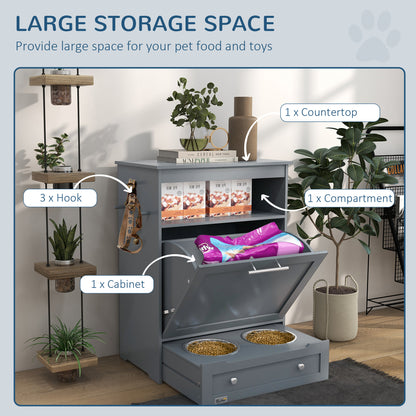 Grey pet feeder cabinet with tilt-out food bin, pull-out double bowls, open shelf, and side leash hooks.