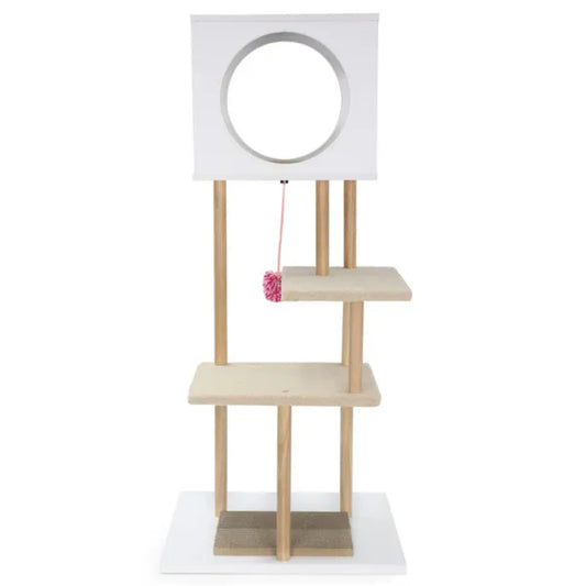 Purrfect Pet Kingdom multi-level cat tree with white condo, wooden posts, beige platforms, and scratching pads.