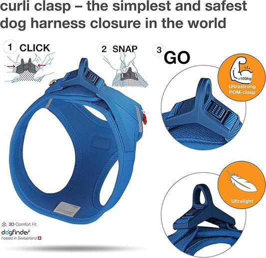 Curli Clasp Vest Blue Harness Adjustable Dog Walking Gear - detail view