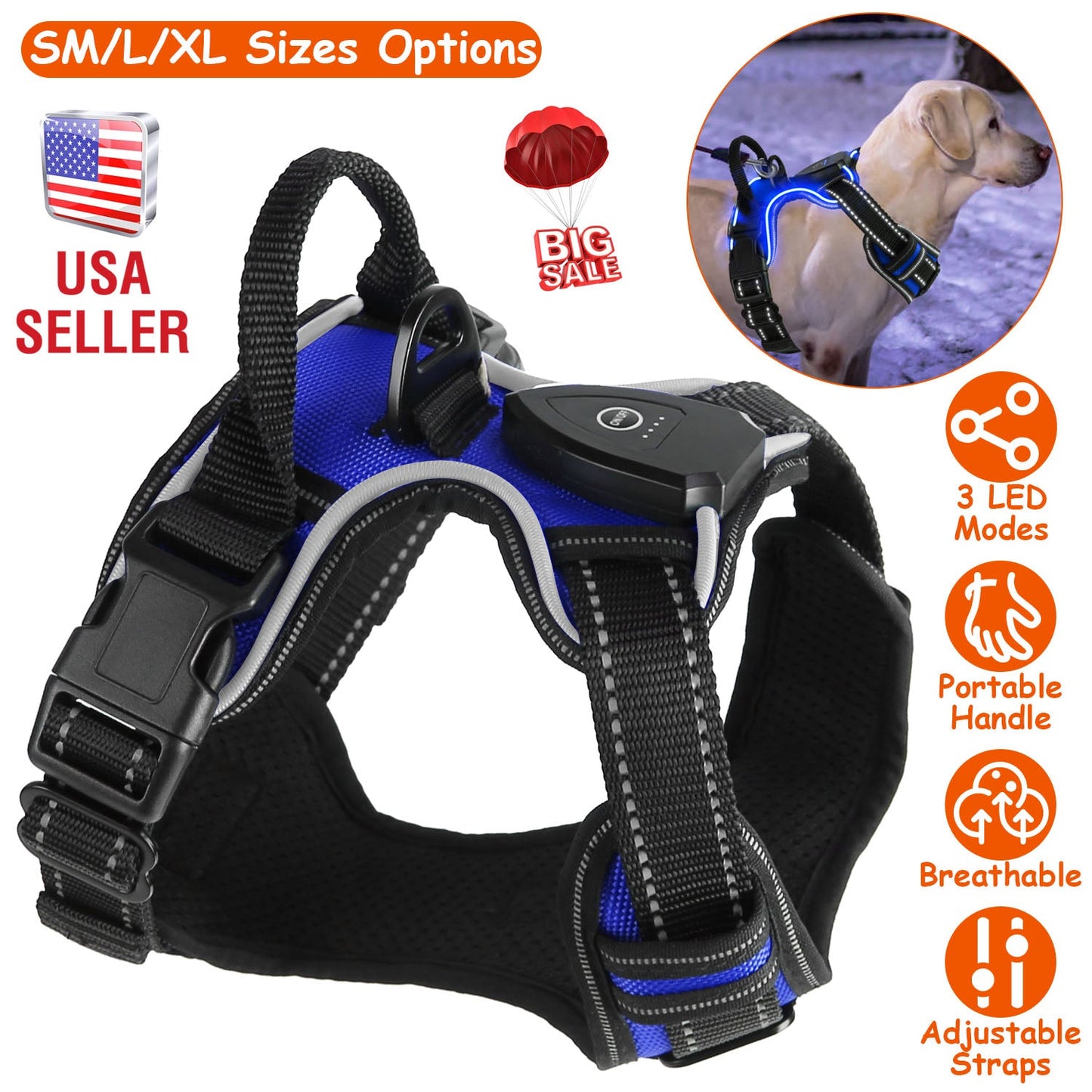 Light Up Dog Harness Rechargeable LED Dog Harness No Pull Lighted Dog Vest with Handle for Small/Medium/Large Dogs