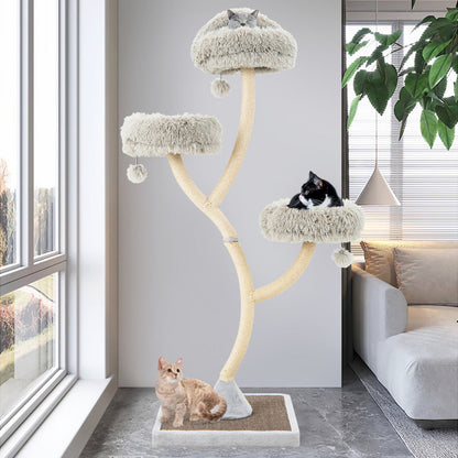 Max & Rex Collection 70" tall branch cat tree with 3 plush perches and sisal posts. Three cats lounging on levels.