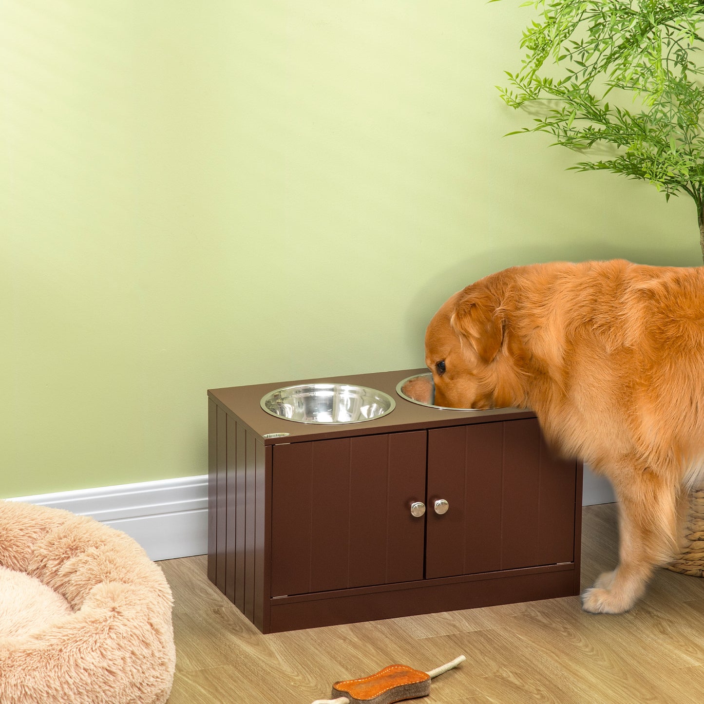 Elevated brown wooden dog bowl stand with storage cabinet and 2 stainless steel bowls by Purrfect Pet Kingdom.