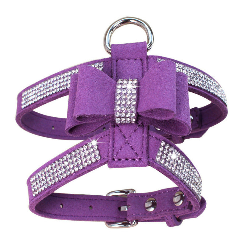 Sparkling rhinestone bow pet chest strap, rhinestone dog chest strap, suede microfiber dog chain pet supplies