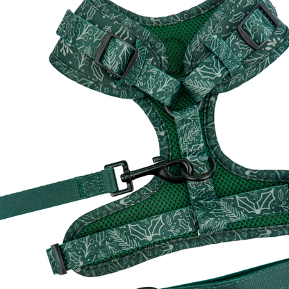 Evergreen Dream Adjustable Neoprene Dog Harness Comfort Fit by Purrfect Pet Kingdom: Green botanical print and mesh.