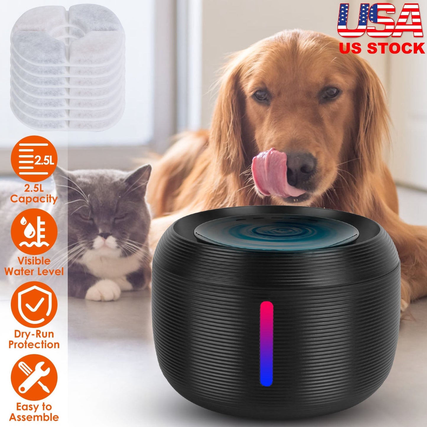 Pet Water Fountain Automatic Black Circulating Dispenser For Cats Dogs