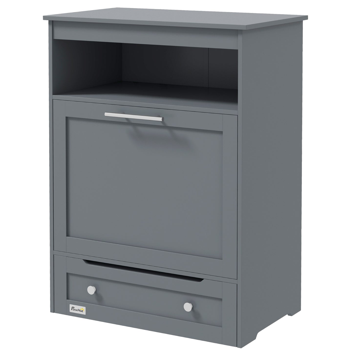Grey pet feeder cabinet featuring an open shelf, large tilt-out food bin, and a bottom pull-out drawer.