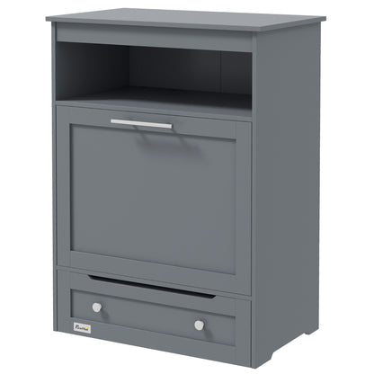 Grey pet feeder cabinet featuring an open shelf, large tilt-out food bin, and a bottom pull-out drawer.