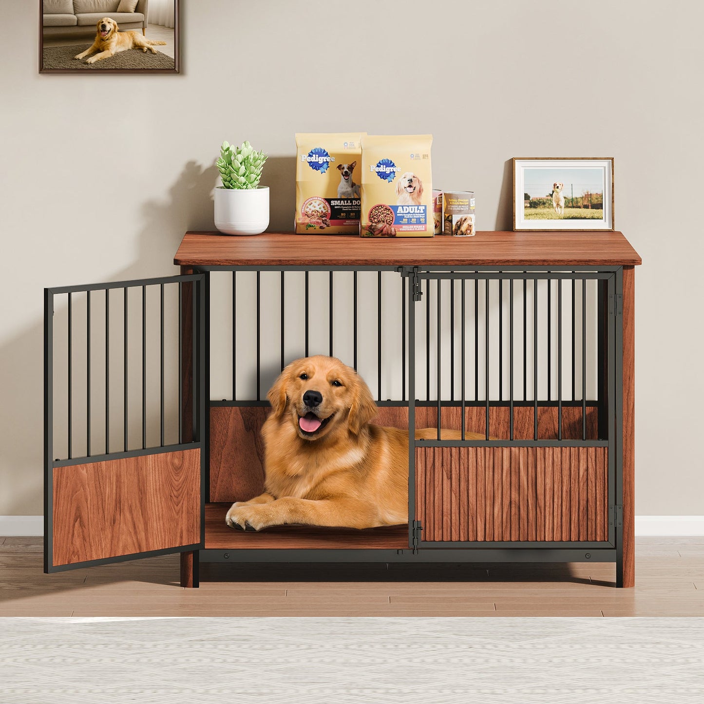 43'' Walnut Fluted Wood Furniture Style Dog Crate For Large