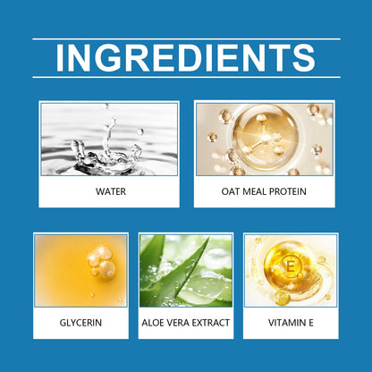 Blue graphic listing ingredients: Water, Oat Meal Protein, Glycerin, Aloe Vera, Vitamin E for paw cleaning foam.