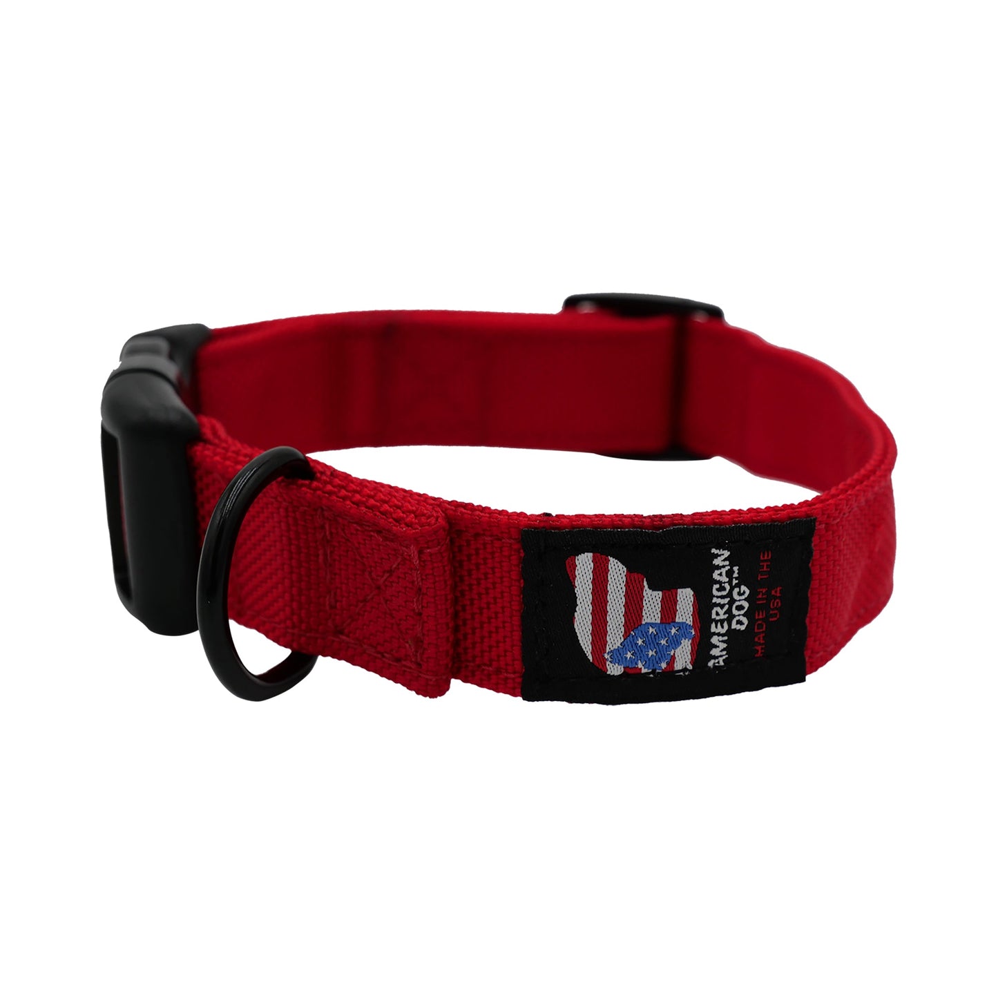 Red dog collar with a black buckle and 'American Dog' label on a white background