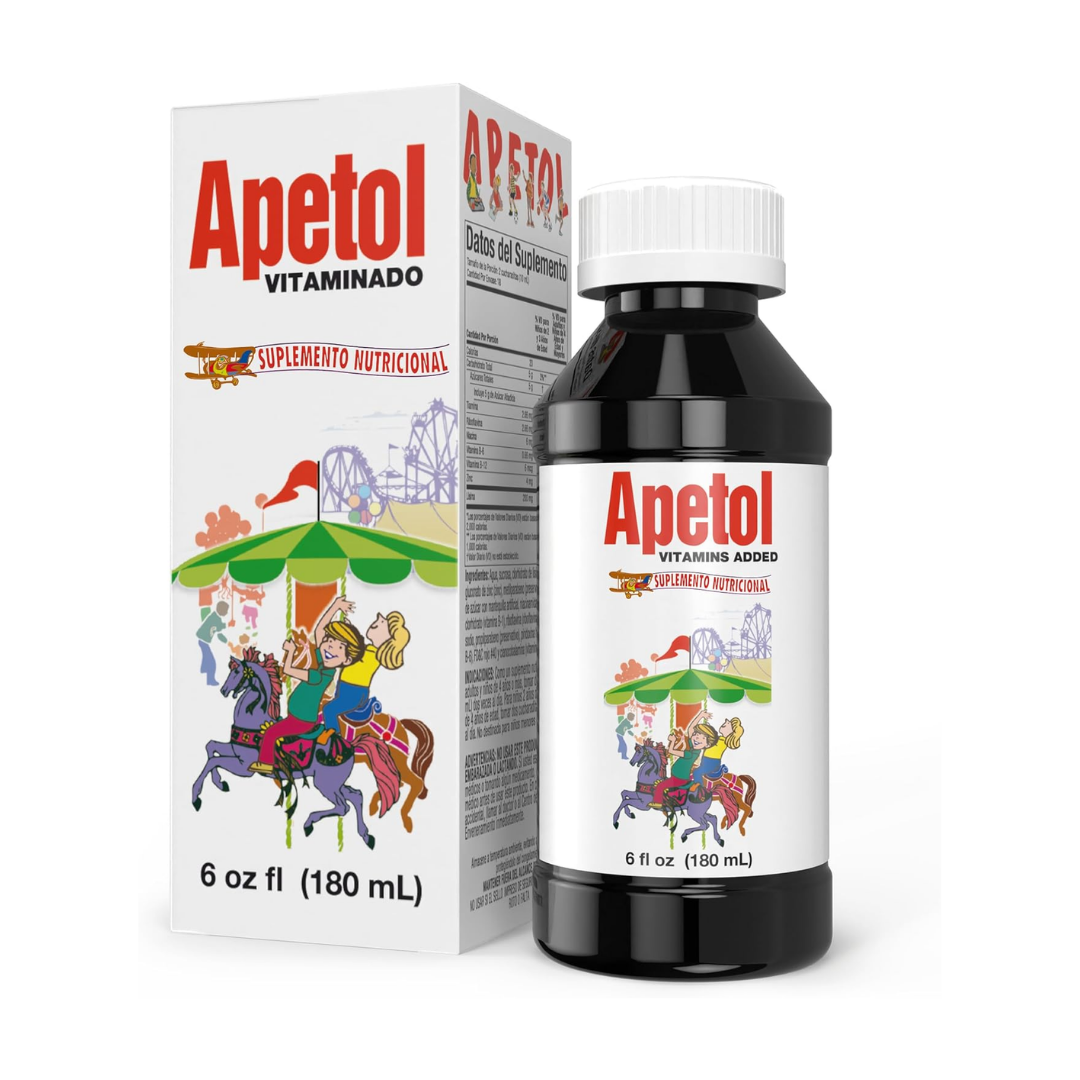 Apetol Vitaminado 180mL multivitamin dark bottle and white box with colorful carousel art and red text.