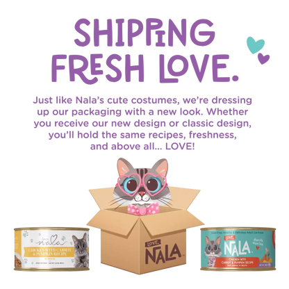 Two cans of wet food flanking a cat in a cardboard box with pink heart glasses. Purple 'SHIPPING FRESH LOVE' text.