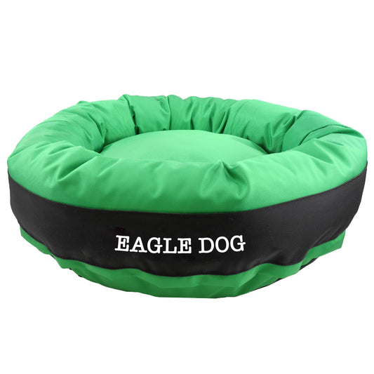 Green and black pet bed with 'Eagle Dog' branding on a white background