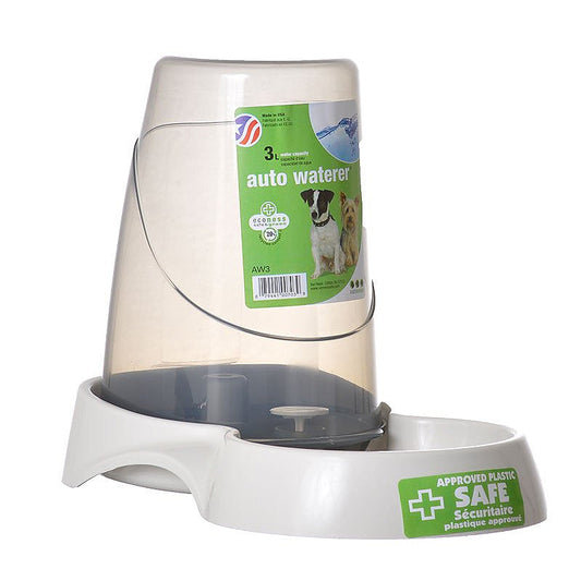 3-liter automatic plastic pet waterer with a clear reservoir and white base, featuring labels with cat and dog photos.