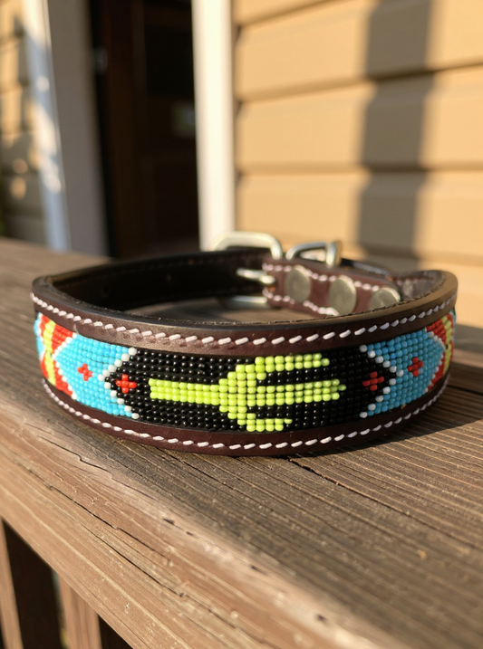 Epic Padded Leather Dog Collar with Cactus Beaded Design B
