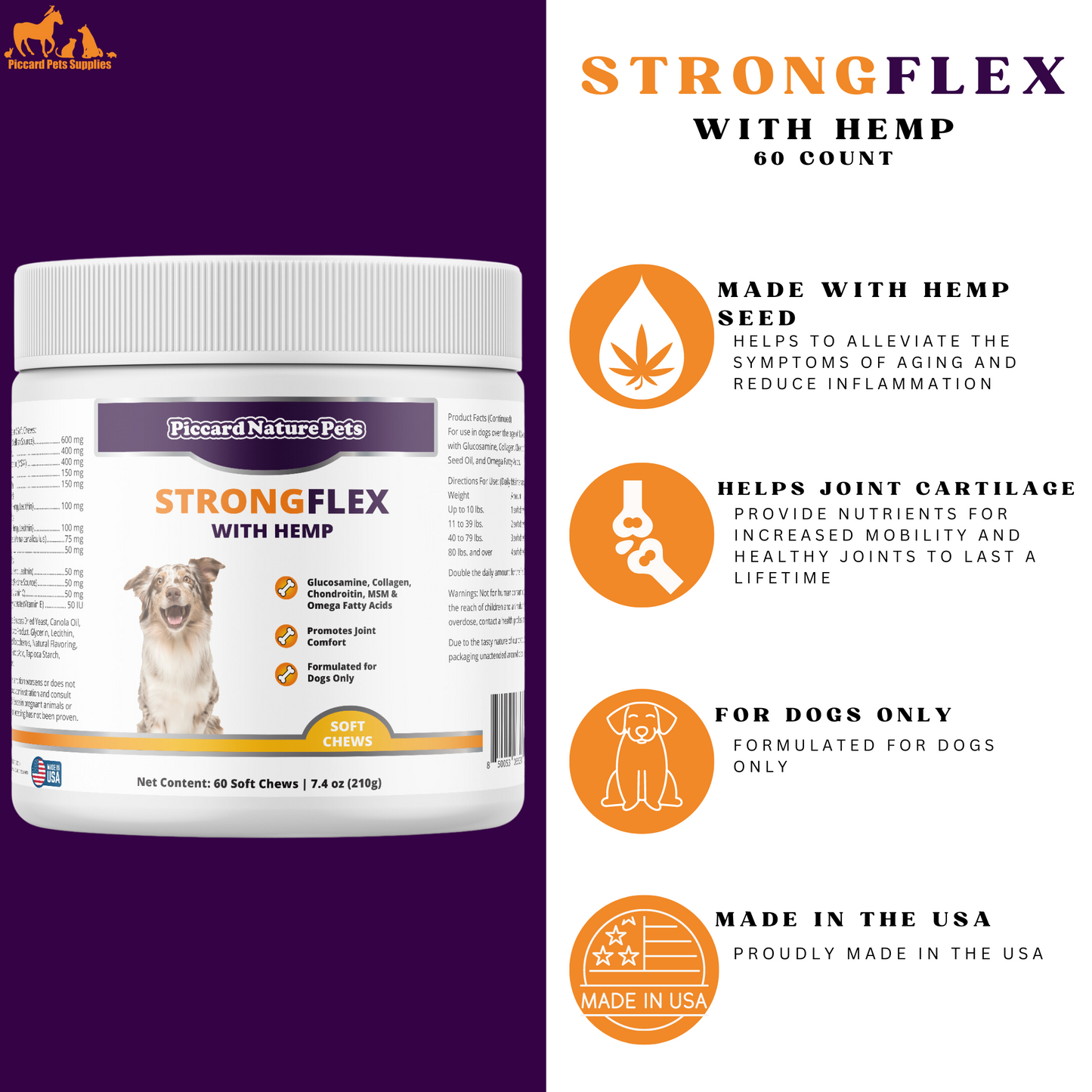 PiccardNaturePets StrongFlex with Hemp Joint Support for Dogs 60Chews + FREE Bandana!