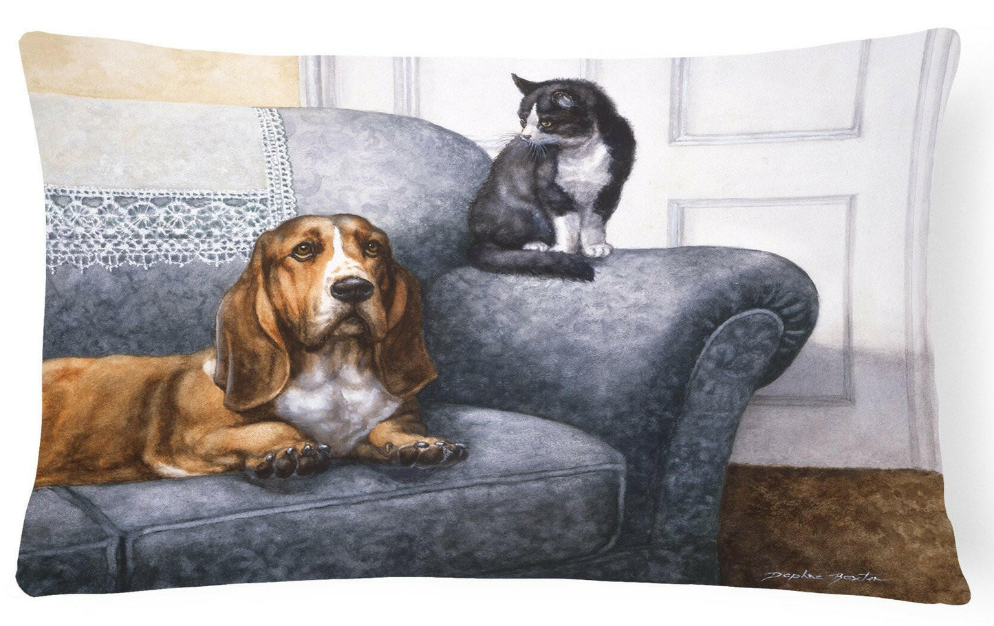 Basset Hound and Cat on couch Fabric Decorative Pillow BDBA0182PW1216 - Throw Pillows - the - store.com
