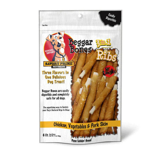 Dog Chews Beggar Bones 3in1 Ribs Chicken Pork 6ct 4oz 🦴