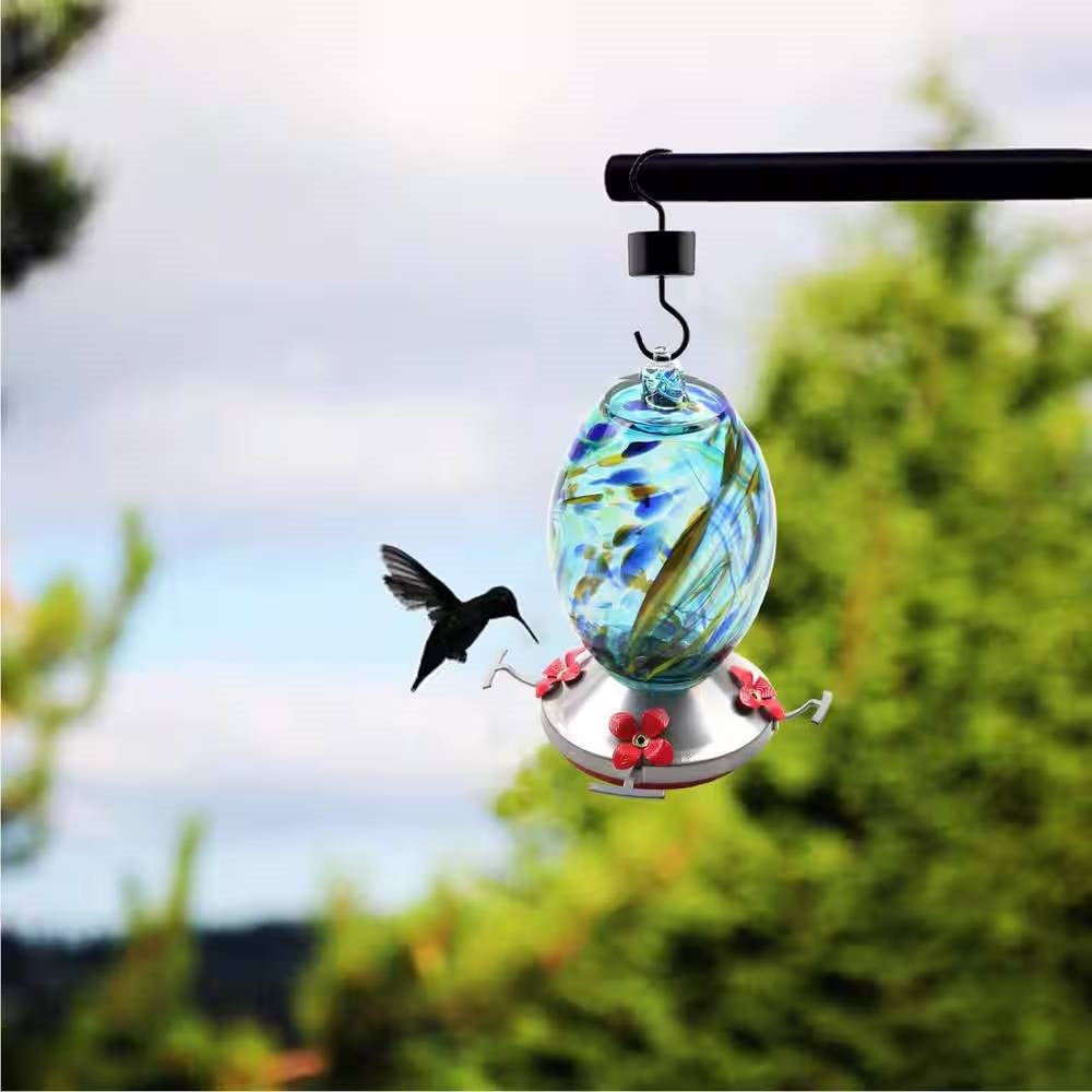 Hummingbird Feeder – Blue Blown Glass with 4 Feeding Ports