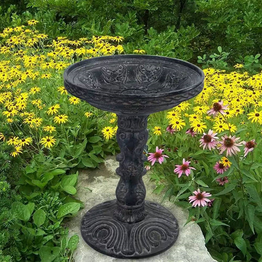 Outdoor Garden Fiberglass Bird Bath in Black Charcoal Stone