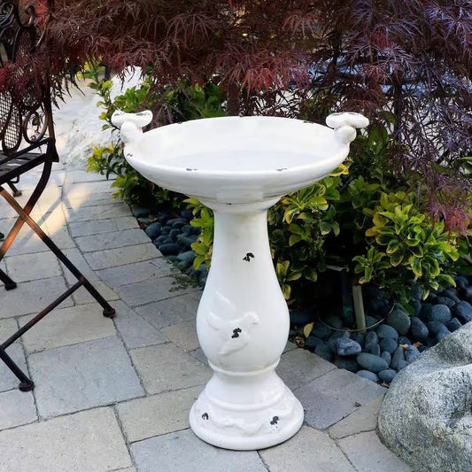 Outdoor Off-White Ceramic Birdbath in Light-Brown Antique