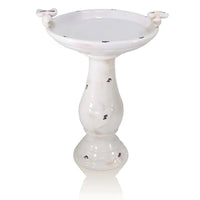 Outdoor Off-White Ceramic Birdbath in Light-Brown Antique