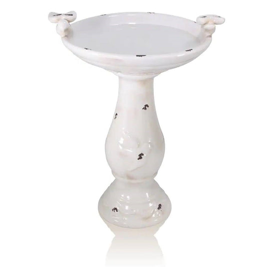 Outdoor Off-White Ceramic Birdbath in Light-Brown Antique