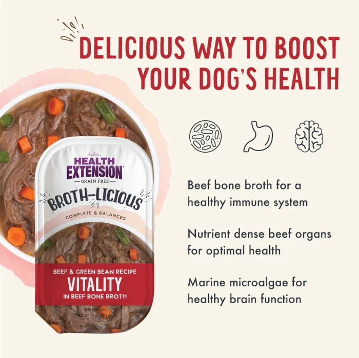 Health Extension Broth - Licious Vitality Beef & Green Beans Bone Broth Topper (3.5oz) - Health Extension Dog Food - The Family Pet