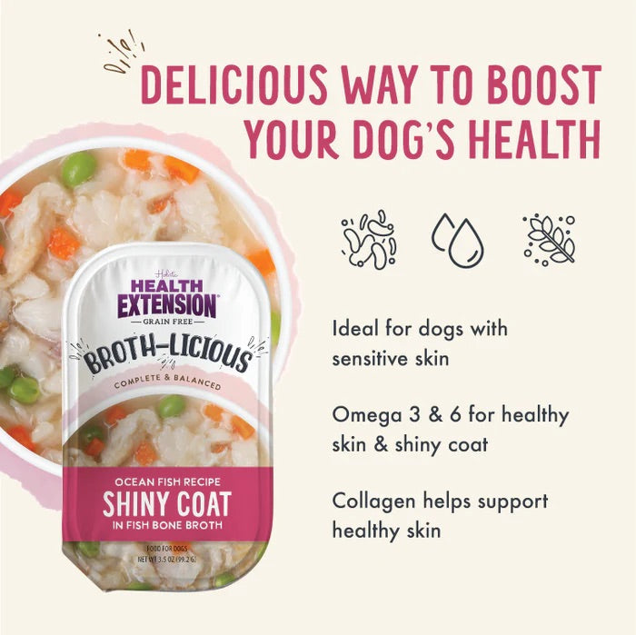 Health Extension Broth - Licious Shiny Coat Oceanfish Bone Broth Topper (3.5oz) - Health Extension Wet Dog Food - The Family Pet
