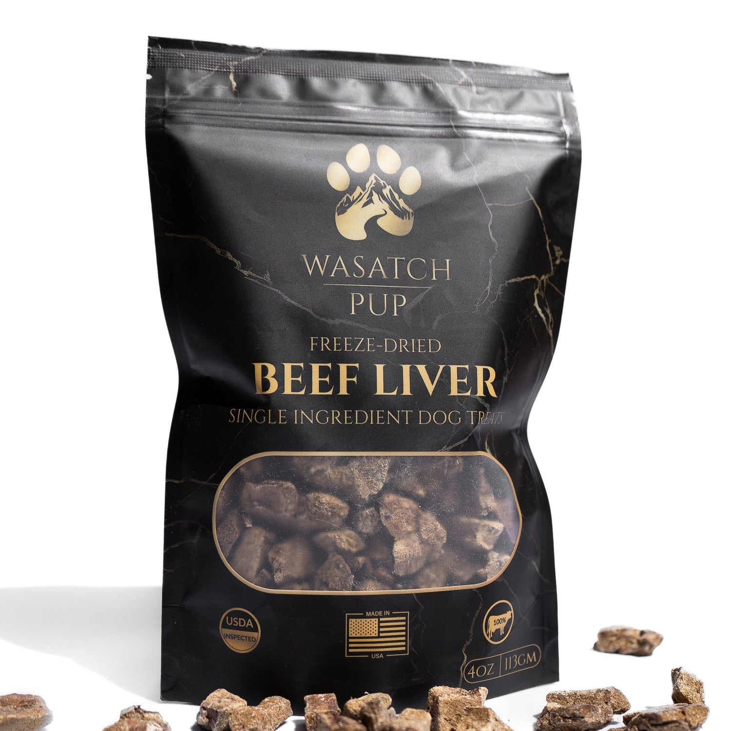 A close-up of Purrfect Pet Kingdom's premium freeze-dried beef liver dog treats, showing their natural texture and rich brown color, a healthy single-ingredient snack for dogs.