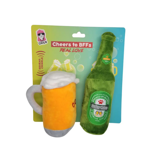 Beers-Cheers Plush Dog Toy Gift Set – with Squeaker & Crinkle Paper for Fun Play - Purrfect Pet Kingdom