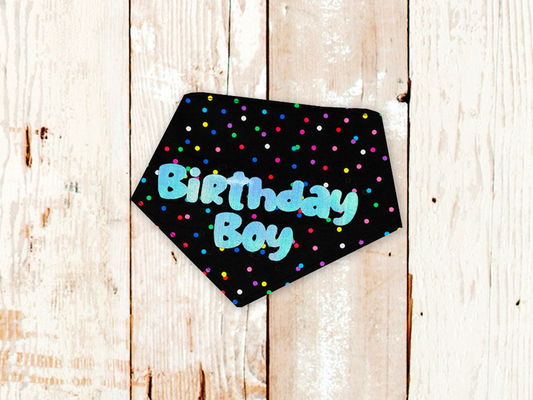 "Birthday Boy" Metallic Blue on Black Confetti Dog Bandana