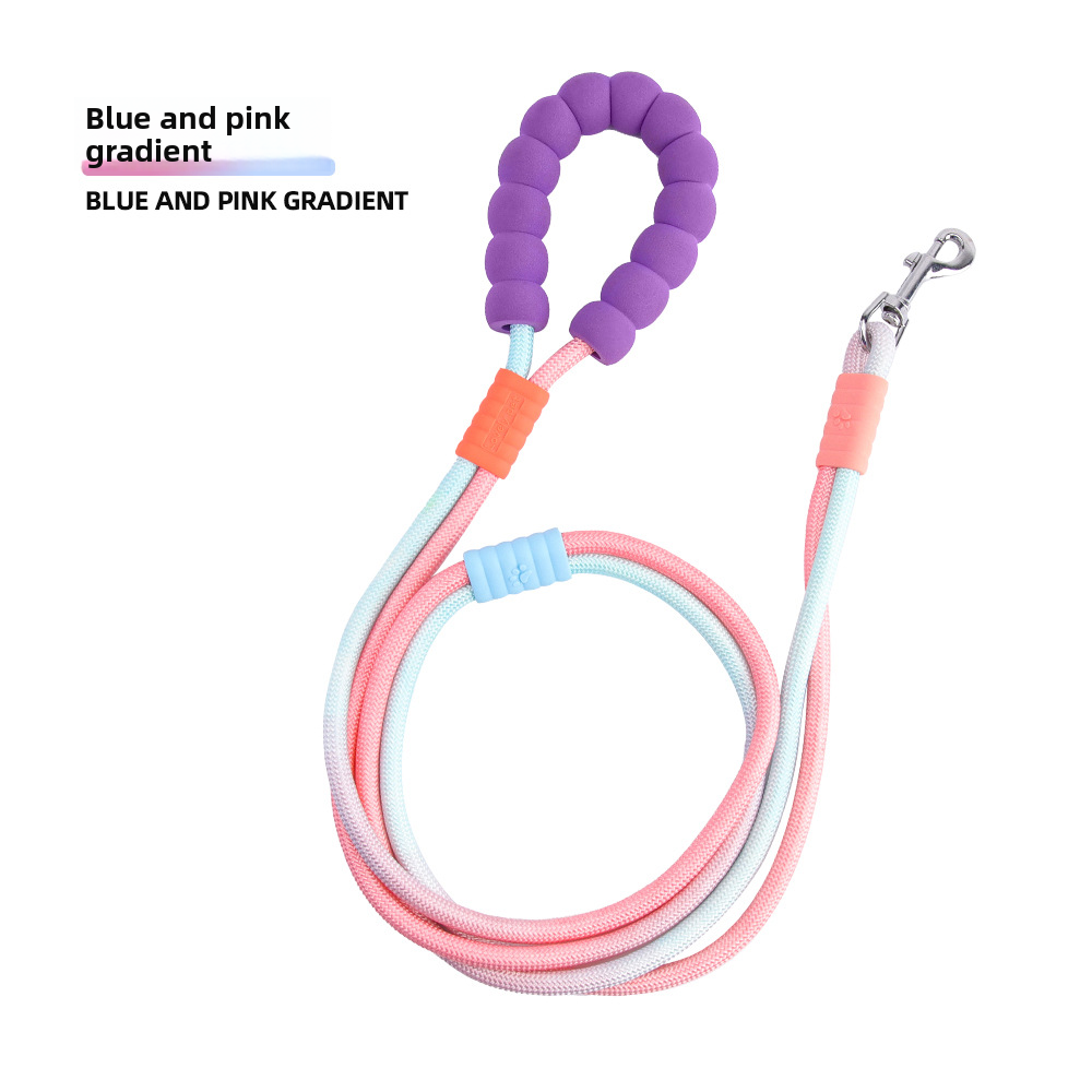 LeonaJ K-9 Co. blue and pink gradient dual crossbody rope dog leash with purple foam handle and metal clip.