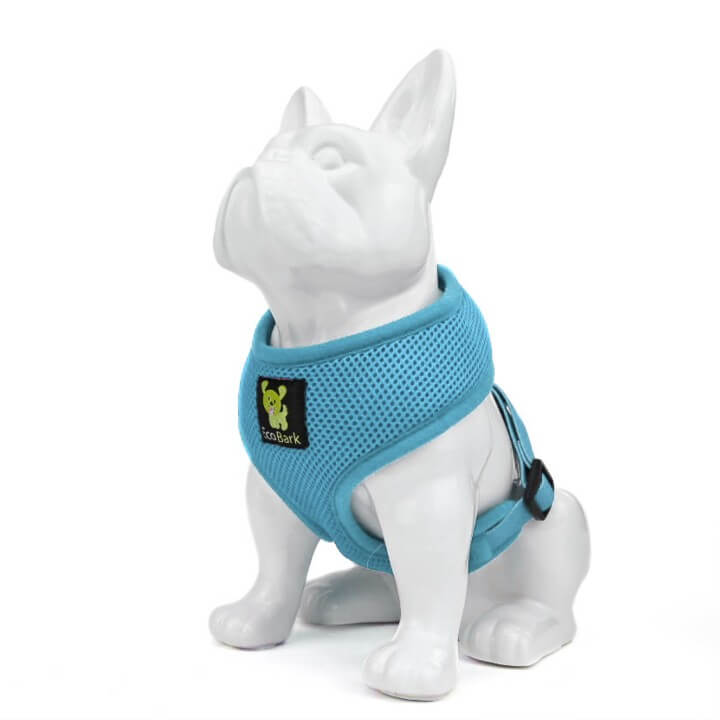 Dog Harness EcoBark Sky Blue Harness Over-the-Head Soft Mesh - close up product image for dog harness