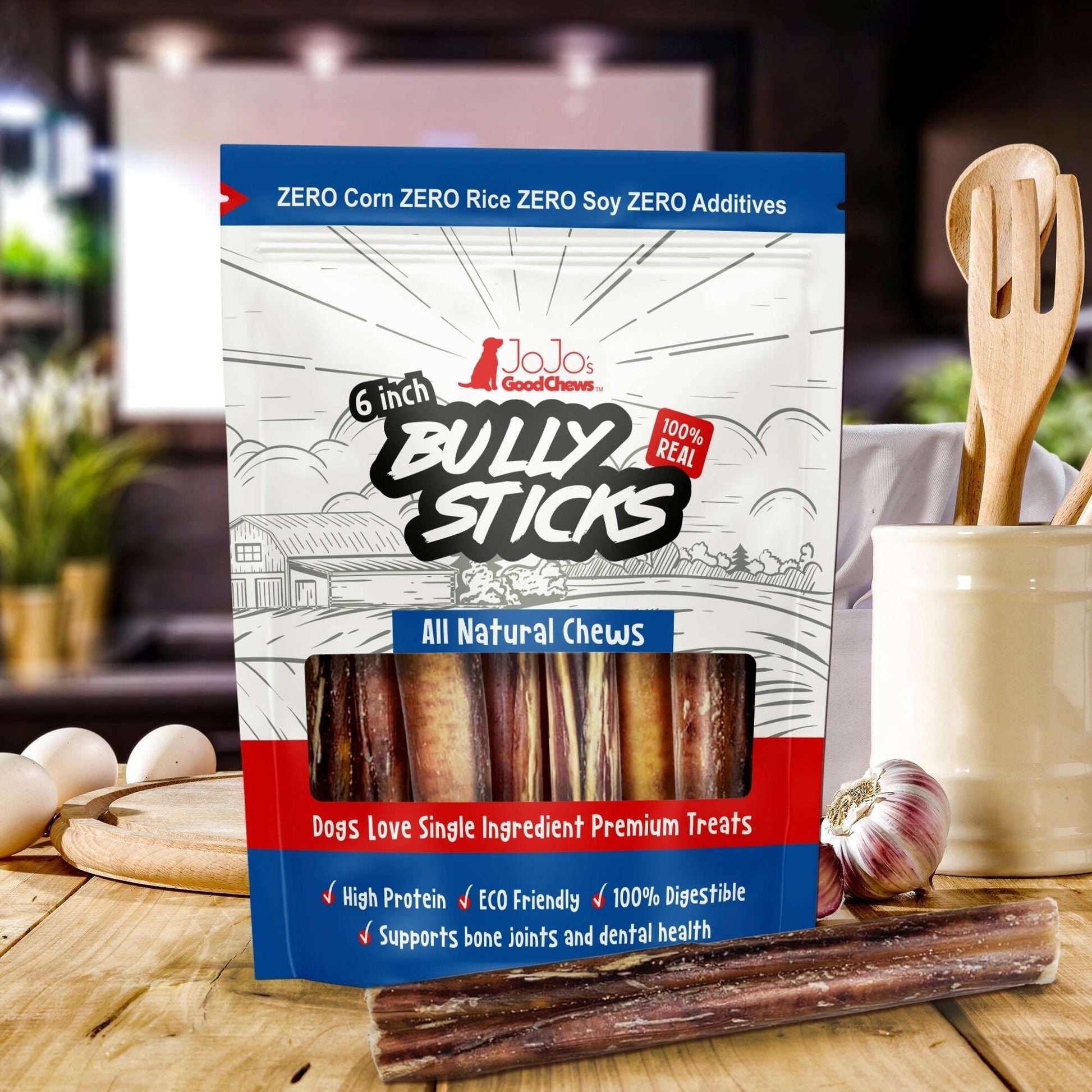 JoJo's 6 inch All Natural Dog Chew Treats with Bully Sticks for Healthy Chewing