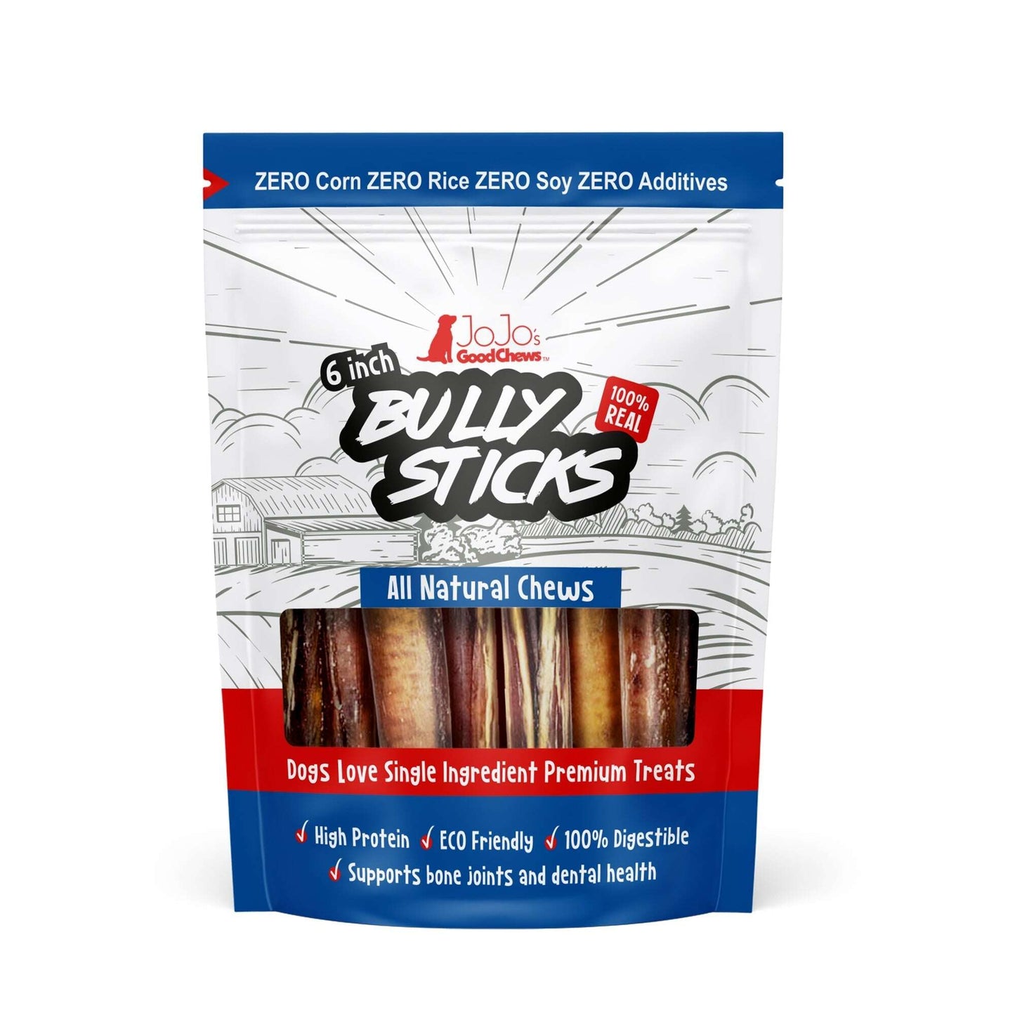 JoJo's 6 Inch Bully Sticks All Natural Chews Pack of Natural Dog Chew Treats High in Protein