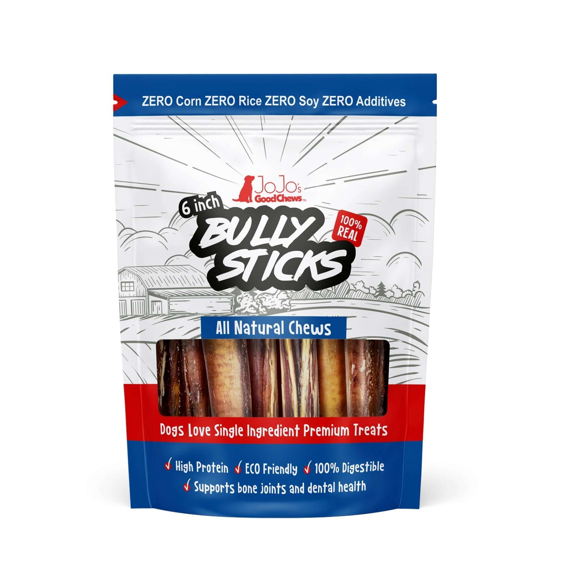 JoJo's 6 Inch Bully Sticks All Natural Chews Pack of Natural Dog Chew Treats High in Protein