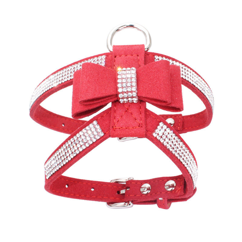 Sparkling rhinestone bow pet chest strap, rhinestone dog chest strap, suede microfiber dog chain pet supplies