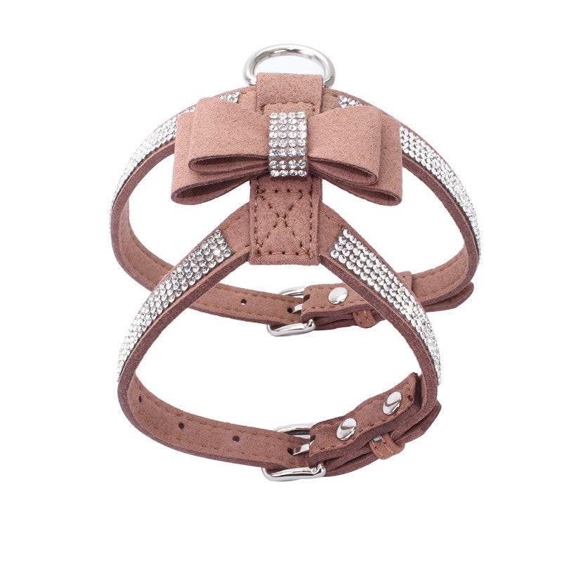 Sparkling rhinestone bow pet chest strap, rhinestone dog chest strap, suede microfiber dog chain pet supplies