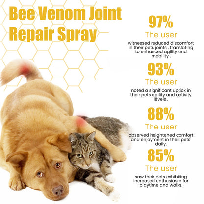 Purrfect Pet Kingdom Joint Spray: dog and cat with mobility stats and joint highlights on honeycomb background.
