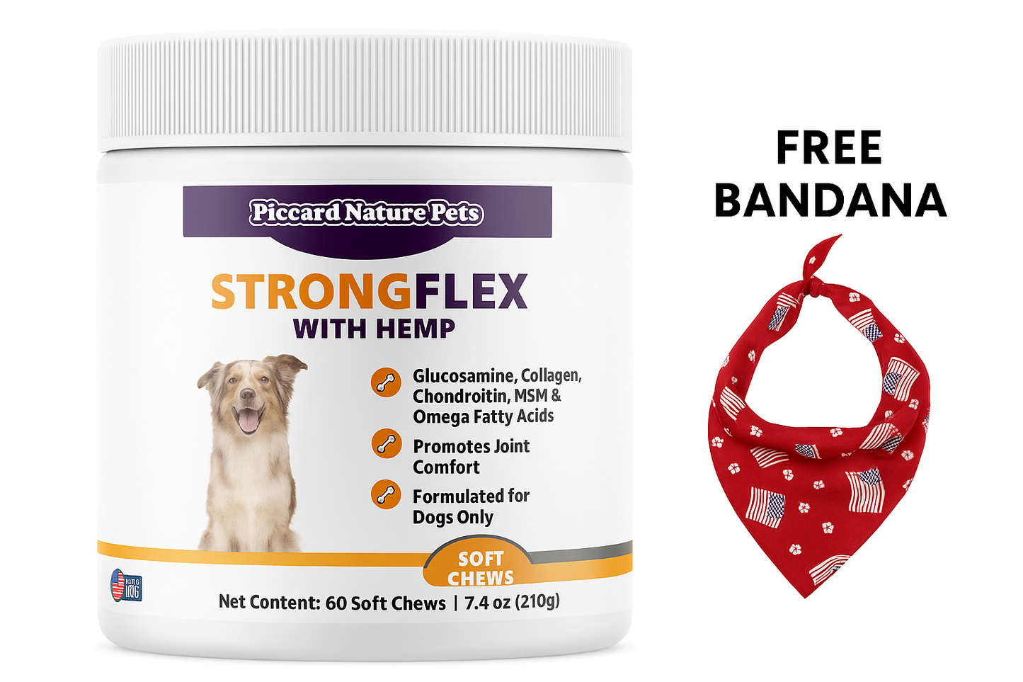 PiccardNaturePets StrongFlex with Hemp Joint Support for Dogs 60Chews + FREE Bandana!