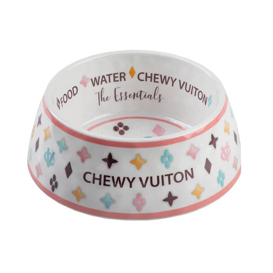 White Chewy Vuiton Luxury Pet Bowl for Stylish Dogs and Cats