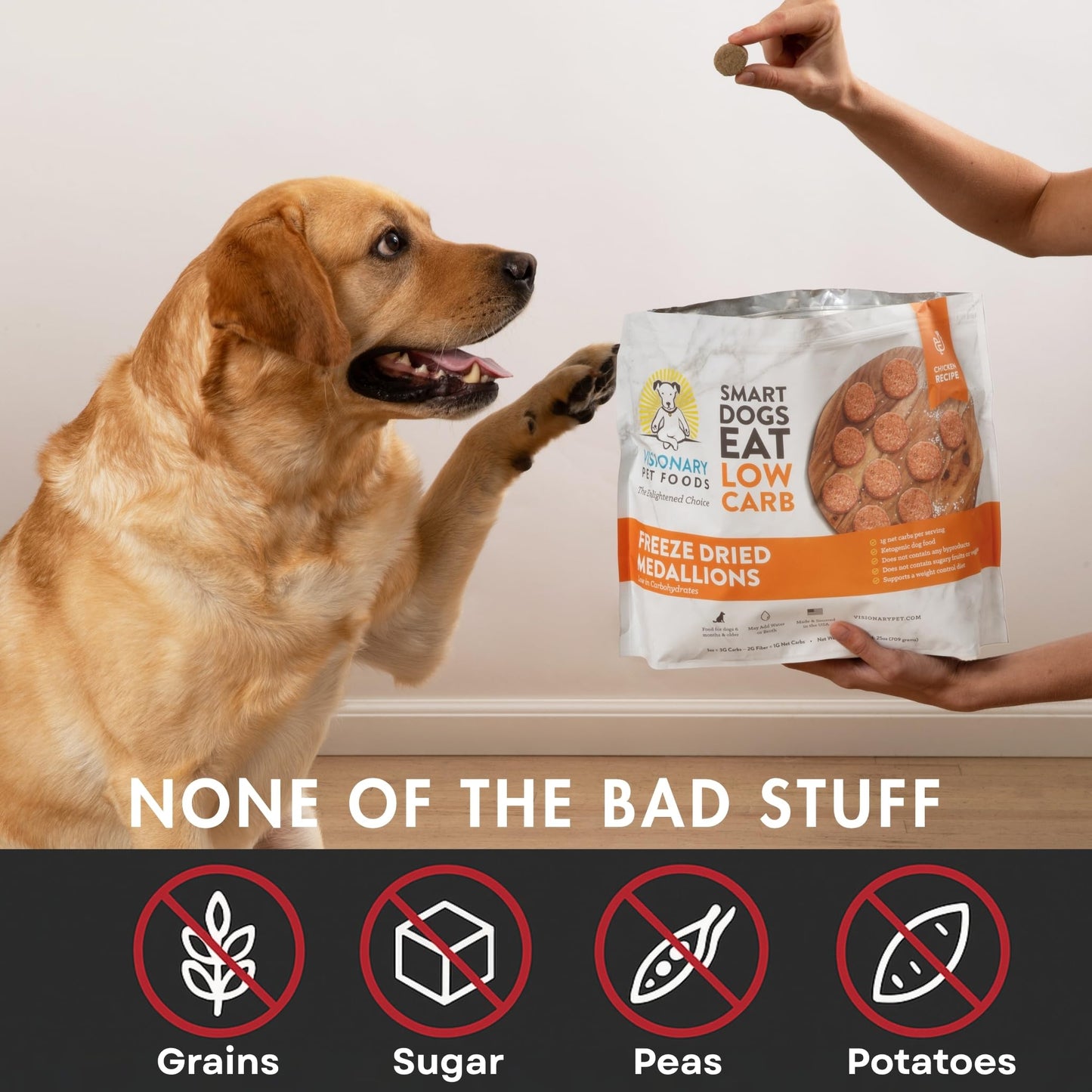 Golden dog eyes Visionary Pet Foods low-carb medallions. Bag features: no grains, sugar, peas, or potatoes.