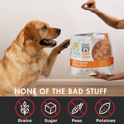 Golden dog eyes Visionary Pet Foods low-carb medallions. Bag features: no grains, sugar, peas, or potatoes.