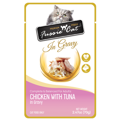 Close up view of Purrfect Pet Kingdom Innovative Fussie Cat Pouch - Chicken with Tuna in Gravy (2.47oz) For Small Animals