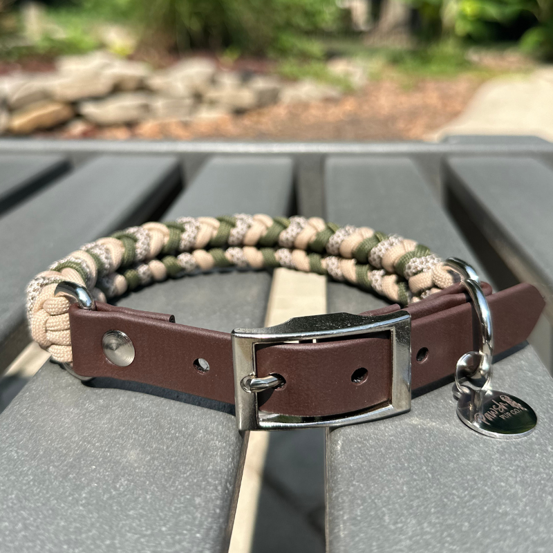 Coiled Charm Hand Braided Dog Collar in Olive, Light Tan, &