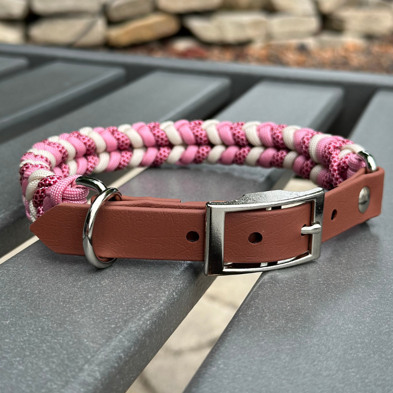 Coiled Charm Hand Braided Dog Collar in Pink, Red Diamonds,