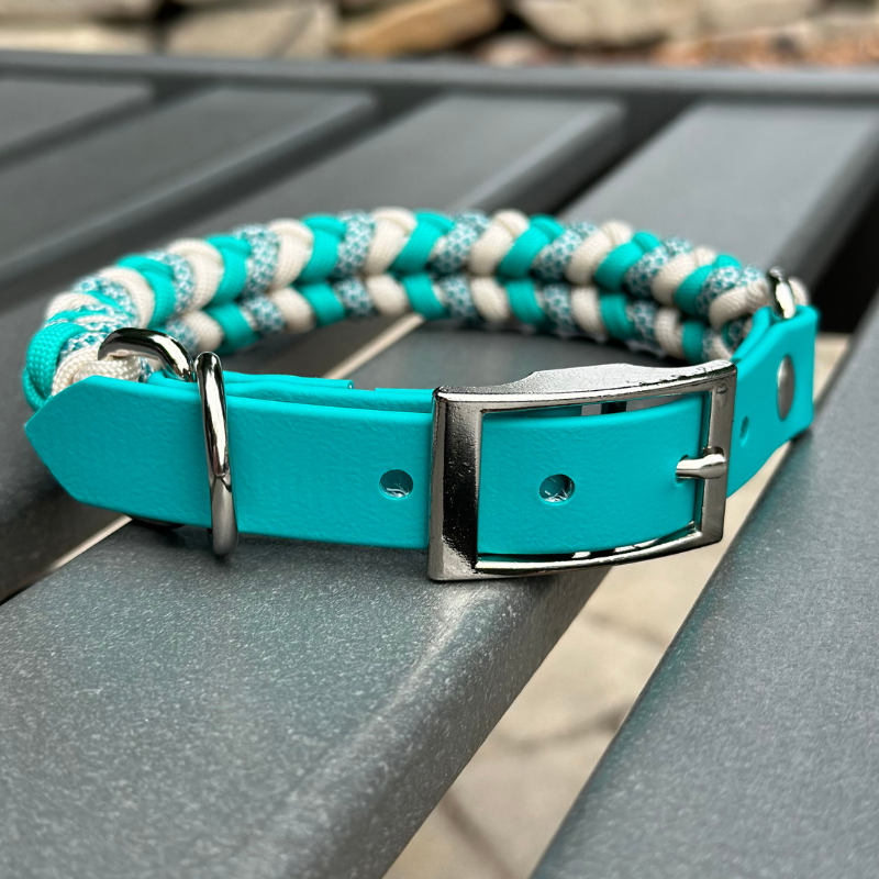 Coiled Charm Hand Braided Dog Collar in Teal, Cream, & Teal