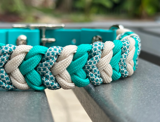 Coiled Charm Hand Braided Dog Collar in Teal, Cream, & Teal